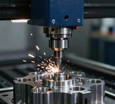 A close-up shot of a high-tech CNC machine meticulously carving a precision metallic spare part, sparks flying slightly, illuminated by bright factory lights, conveying modern engineering excellence in dark navy and deep blue tones.