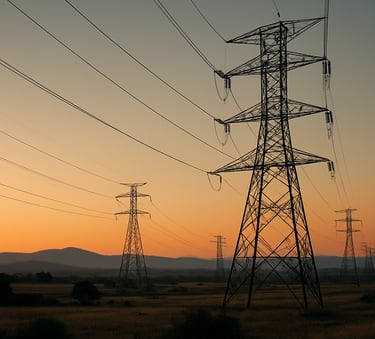 A photography shot of high-voltage transmission lines stretching across a scenic Australian / Indian business landscape at dusk. The lighting is cinematic, highlighting the engineering detail and the vast horizon, symbolizing power and infrastructure connectivity.