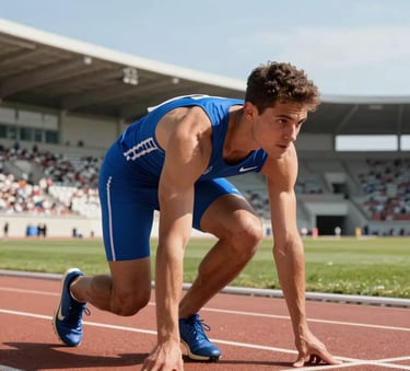 A high-performance track athlete in modern royal blue athletic gear at a starting line in a sun-drenched North American stadium, cinematic low-angle photography.