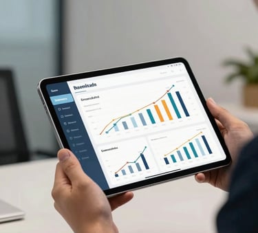 A close-up shot in a modern North American executive office showing a hand holding a high-end digital tablet displaying a sleek financial pitch deck. The lighting is crisp and professional, highlighting the sophisticated atmosphere with soft muted blue and off-white accents in the background.