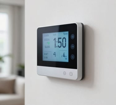 A close-up shot of a modern digital smart thermostat on a clean white wall in a bright Miami home, displaying a cool temperature setting.