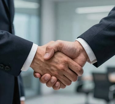 A close-up photograph of a firm handshake between two business professionals in tailored suits, set against a blurred modern office background with soft steel blue lighting in Ahmedabad. Professional reliability mood.
