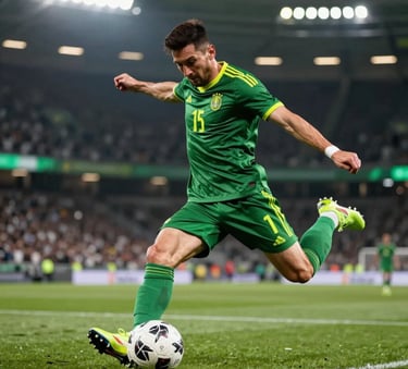 A professional football player in a dynamic action pose, kicking a ball under intense stadium lighting, energetic atmosphere, Performance Green and Energetic Lime details in the sports gear, Global / Spanish-speaking setting, high-performance athletic photography style.