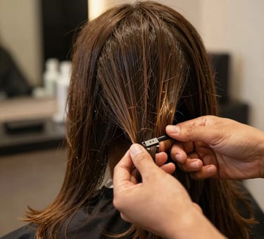 Close-up of a stylist's hands performing a hair treatment in a luxury South American / Brazilian salon, focused lighting on the hair texture.