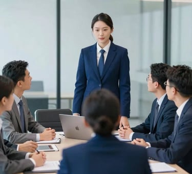 A group of professional business executives in a modern, glass-walled conference room having a collaborative meeting. The lighting is bright and natural. The scene conveys corporate security and growth, with subtle color accents in deep corporate blue (#1E3A8A).
