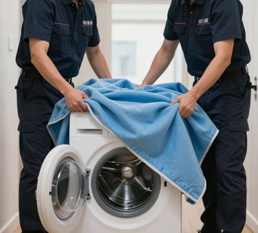 A close-up photograph of professional movers in dark navy uniforms carefully wrapping a modern washing machine in protective soft blue moving blankets. The setting is a bright, clean Northern European apartment hallway.