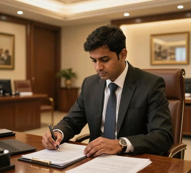 A focused professional in formal attire working on legal documents in a luxury office in Bandra West, Mumbai. The setting features warm golden lighting and mahogany furniture, conveying a South Asian premium business environment.
