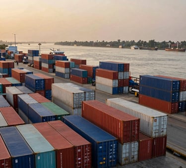 A wide-angle professional photograph of a bustling river port in Bangladesh, featuring organized shipping containers under a soft, golden sunset light, conveying efficient logistics.