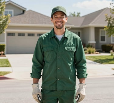 A professional junk removal specialist in a green uniform and work gloves, smiling warmly at the camera while standing in a clean North American driveway in Spokane Valley. Bright, natural daylight, modern suburban setting.