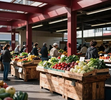 A photography of a bustling modern food market in the US. Stalls filled with fresh produce under natural sunlight with deep crimson architectural accents and wooden crates.