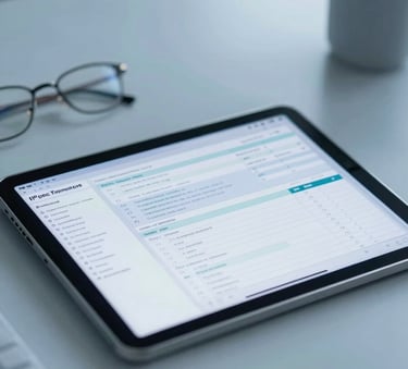 Close-up of a digital tablet showing clean data visualizations and audit reports in a professional North American pharmaceutical office, minimalist design with soft blue lighting.