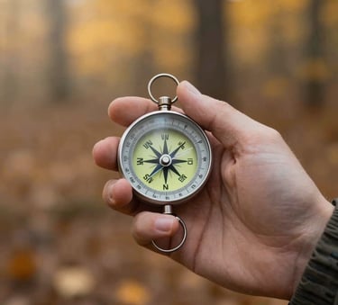 A close-up photograph of a person in the North American outdoors holding a classic compass, with soft morning light filtering through autumn leaves in colors of gold and earthy brown.