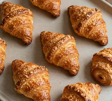 A top-down view of artisanal bakery derivatives, including golden croissants and puff pastries, on a sand-colored ceramic tray, rustic style, warm natural lighting.