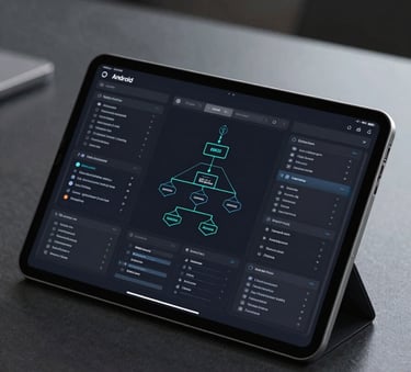 A sleek Android tablet resting on a dark professional desk, displaying a complex software architecture diagram in bright #E0F2F7 lines, sophisticated and high-tech feel.