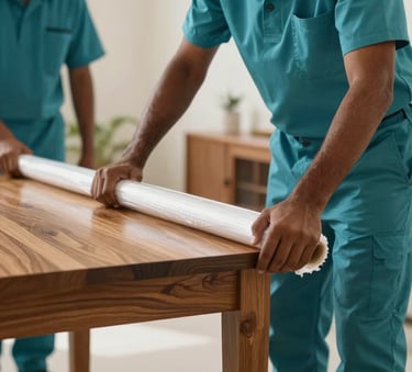 A close-up photograph of professional movers in teal uniforms carefully wrapping a wooden table with protective stretch film in a brightly lit South Asian home.