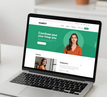 A high-quality, professional photograph of a modern laptop on a minimalist desk, displaying a vibrant and clean website layout. The lighting is bright and airy, incorporating subtle brand tones of #3A8D7B and #D06A4E in the background decor. Contemporary aesthetic.