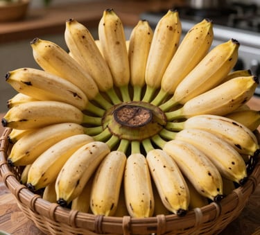 A vibrant close-up of various types of native Brazilian bananas, like prata and nanica, arranged in a traditional wicker basket in a sun-drenched South American kitchen.