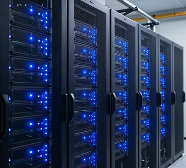 A state-of-the-art server infrastructure facility in Indonesia with glowing vibrant blue status LED lights and dark obsidian server racks, clean futuristic tech architecture, Southeast Asian / Indonesian facility, professional editorial photography.