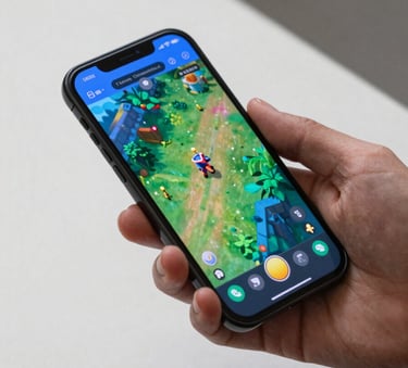 A close-up shot of a modern smartphone held by a professional in a minimalist environment. The screen displays a vibrant, colorful game interface with green and blue accents. Global / International setting. Bright, professional lighting.