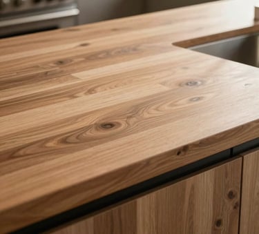 Close-up photography of a high-quality integrated kitchen countertop with a natural wood texture and hidden handles, warm and soft morning light, Hispanic / Latin American home setting.