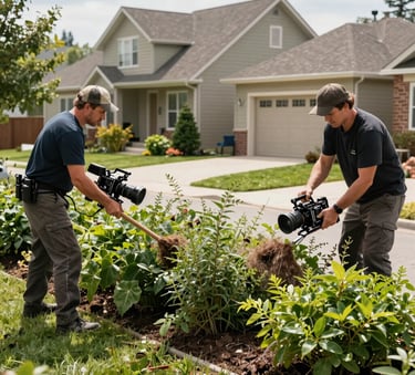 A professional landscaping crew clearing thick brush and overgrowth from a suburban Canadian backyard, using high-quality equipment, bright daylight, tidy and efficient work scene.