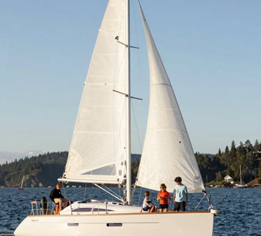 A family enjoying a afternoon on a modern sailing yacht in the coastal waters of the North American Pacific Northwest, bright natural sunlight, professional lifestyle photography.