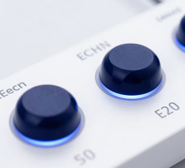 Macro close-up of a high-end digital interface with deep blue ambient light reflections, clean UI elements, crisp white background, modern minimalist aesthetic, 50mm lens