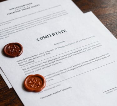 Close-up of physical international trade documents and bank comfort letters resting on a dark mahogany desk, crisp natural daylight highlighting official wax seals and fine print, formal composition.