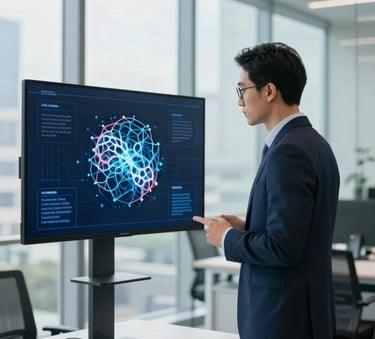 A focused professional in a modern, glass-walled office examining a digital display of a neural network representing artificial intelligence ethics. The scene is bright and airy with deep indigo and white accents. North American / International.