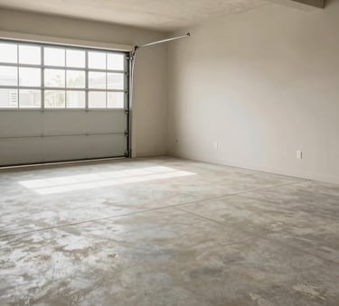 A wide-angle photo of a perfectly organized and swept residential garage in Oklahoma. The concrete floor is a clean Pale Mist color, emphasizing a stress-free, clutter-free environment.