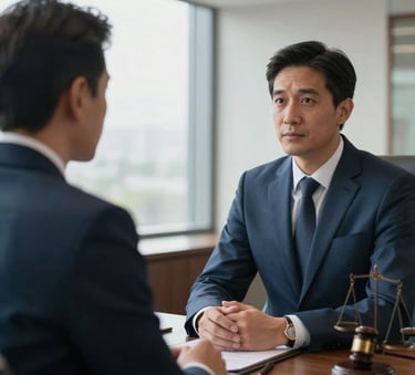 Two professional lawyers in formal business attire having a calm, professional discussion in a bright, modern legal office in South America. Soft natural light, sophisticated atmosphere, Alice blue and medium blue tones.