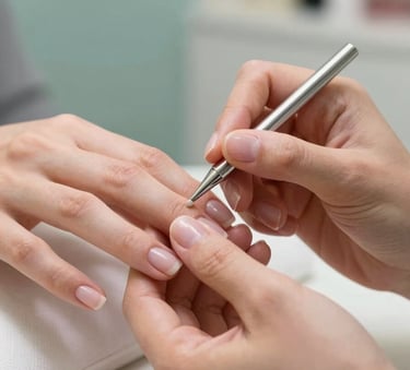 A close-up of a professional manicure being performed in a serene, modern salon. Soft, diffused lighting highlights clean cuticles and a minimalist nail polish application. The background features hints of #B4C4C3 and #F5F9F8 in the decor.