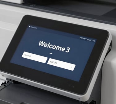 A close-up photograph of a modern printer's digital touchscreen interface showing a 'Welcome' setup screen. Professional lighting, clean aesthetics using a palette of #415A77 and #E0E1DD.