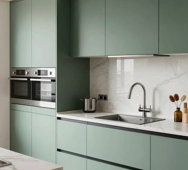 A luxury modular kitchen in a Bangalore apartment featuring sleek matte cabinets in pale mint and dark green, built-in premium appliances, and clean white marble countertops. South Asian / Indian urban lifestyle photography.