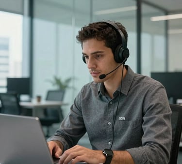 A focused South American / Brazilian SDR professional wearing a headset, working on a laptop in a bright, modern glass-walled office in São Paulo. The scene is professional with Charcoal Grey and Bright Cyan accents in the office decor.