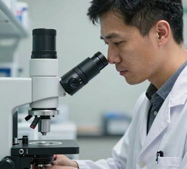 A close-up photograph of a professional medical researcher in a clean lab environment, wearing a white coat, working with precision equipment in a room with soft blue and off-white lighting.