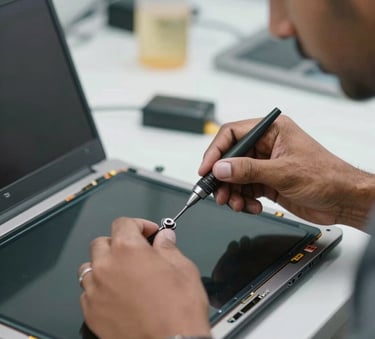 A close-up photograph of a skilled South Asian / Indian technician's hands carefully replacing a laptop screen using precision tools in a bright, modern workshop.