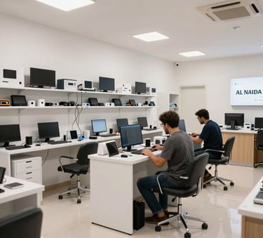 A wide shot of a clean, modern electronics repair shop in Al Nahda, Dubai. Middle Eastern / Gulf interior design, featuring organized technical equipment and a welcoming professional customer area.