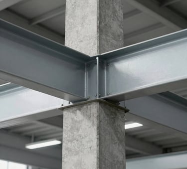 Detailed professional photograph of a modern industrial joint between a concrete column and a steel beam in a Guadalajara warehouse. Sharp technical focus, clean architectural lines, minimalist style with gray and white tones.