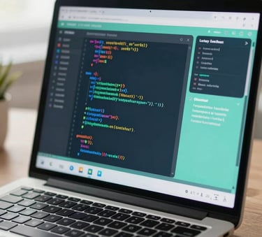 A close-up photograph of a sleek laptop screen showing colorful, simplified code blocks in an educational coding environment. The lighting is bright and natural, reflecting a clean and modern study space in a Middle Eastern home. The color palette includes soft seafoam green and blue tones.