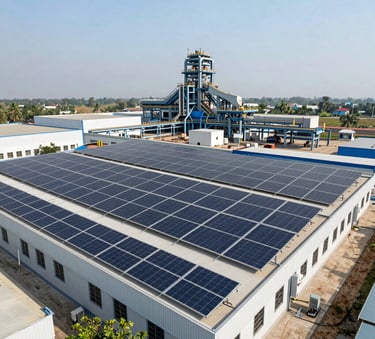 An expansive view of a large-scale industrial facility in Uttar Pradesh equipped with a massive rooftop solar panel array under the bright Indian sun, showcasing clean energy infrastructure.