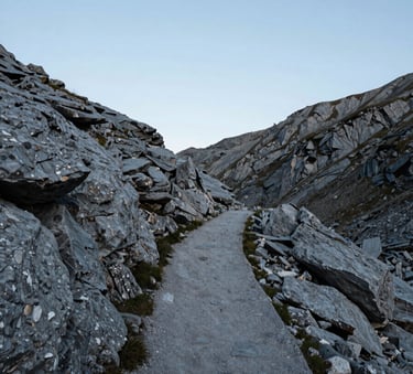 sentier que suit Iriel dans un environnement lunaire et minéral