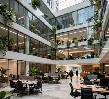 A wide shot of a modern architectural workspace in a South American city, featuring clean glass walls, indoor plants, and a dynamic professional atmosphere.