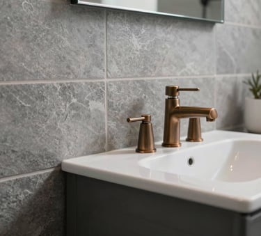 Close-up of a modern bathroom renovation featuring grey slate tiles, a minimalist vanity, and sleek bronze hardware. Sharp focus, clean and professional North American / US aesthetic.