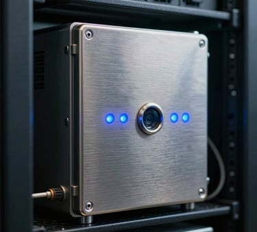 A close-up photograph of a secure, brushed-metal hardware security module in a North American data center, with soft blue indicator lights reflecting on the surface.