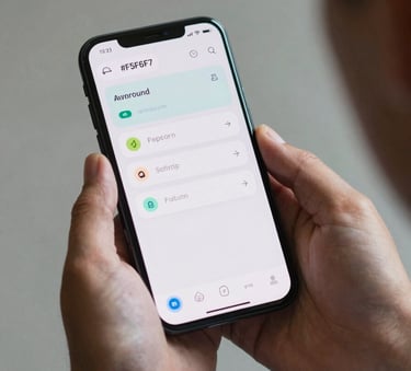 A close-up of a person's hands holding an Android smartphone. The screen shows a clean and insightful dashboard app. The atmosphere is professional and innovative, with soft studio lighting reflecting the #F5F6F7 palette.