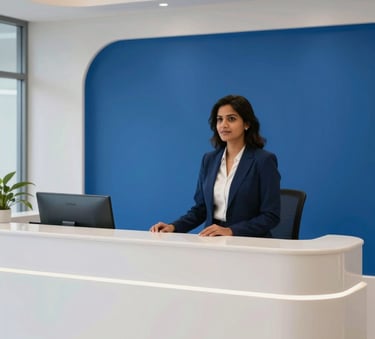 A sleek and modern South Asian / Indian corporate reception area with Royal Blue branding and minimalist Soft Pearl White furniture, projecting success and professionalism.