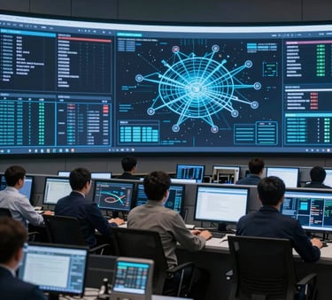 A high-tech control center in a modern office in Mexico City, showing large digital screens with data visualizations, network maps, and glowing blue accents, professional atmosphere.