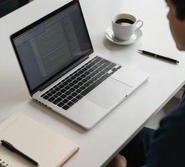A high-angle shot of a modern Latin American office desk with a laptop, a notebook, and a cup of coffee, lit by soft morning light, featuring deep blue and off-white tones.