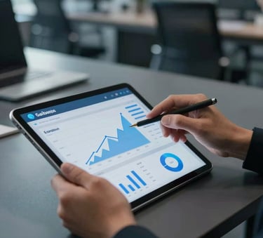 A close-up photograph of a professional in a modern North American office using a tablet to review a sales automation dashboard with rising growth charts, clean and sophisticated lighting, featuring dark gray and blue tones.